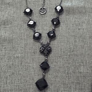 Vintage Signed Trifari Y-drop necklace with black arcrylic faceted stones. EUC